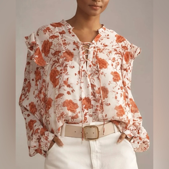 Maeve Tops - Anthropologie MAEVE floral blouse Ruffle balloon sleeve sz 1X Semi Sheer Tie
